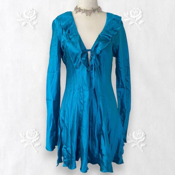 Deadstock Frederick's Of Hollywood Teal Ethereal Frilly Ruffle Silk Dress Top M - Picture 1 of 8